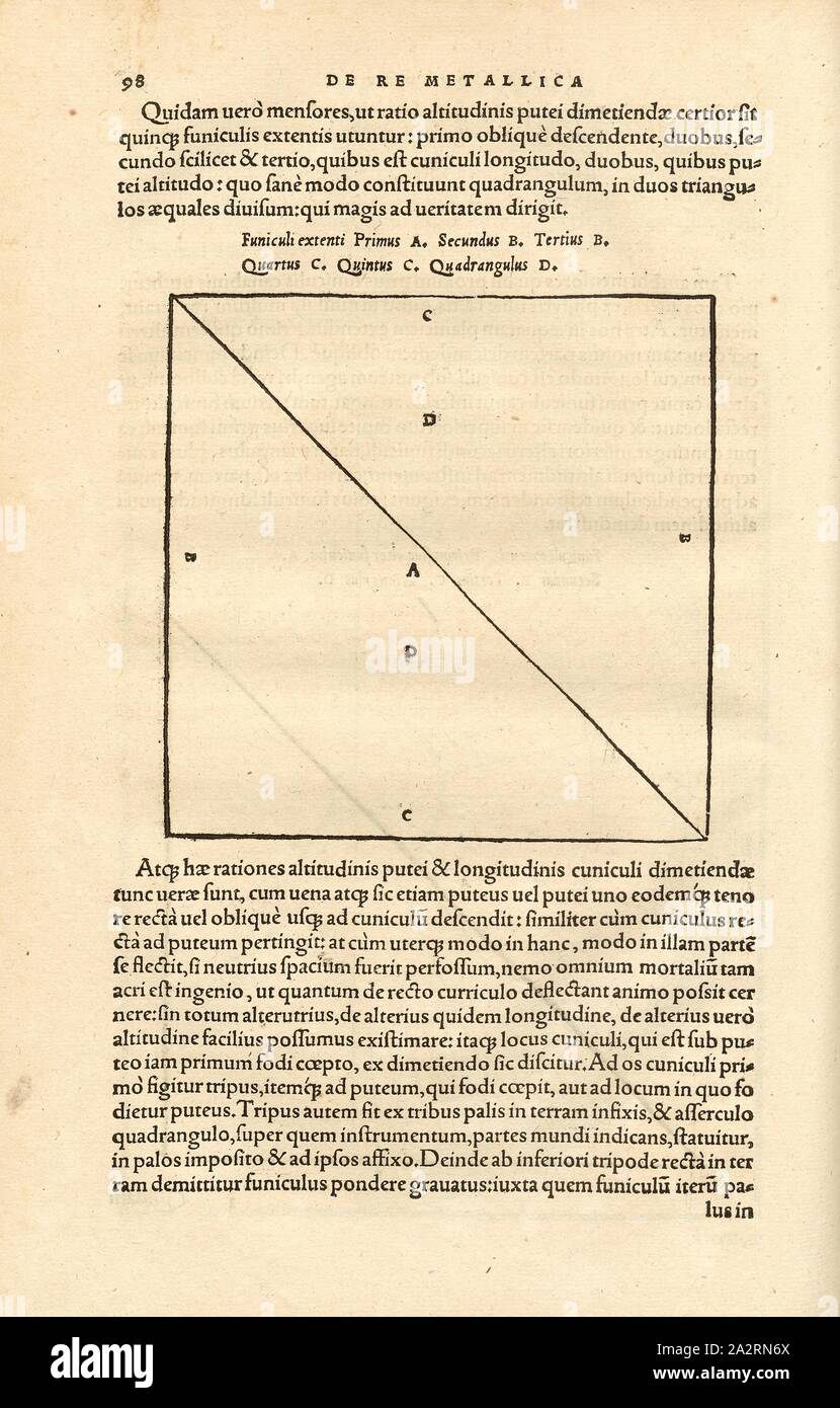Misurazione con funi 2, orientamento di corde per ad angolo retto costruzione mediante triangoli rettangolari, lotto Scala, Xilografia, p. 98, (Liber quintus), Manuel, Hans Rudolf (graveur sur bois), 1556, Georgius Agricola: De re metallica libri XII: quibus officia, instrumenta, machinae, ac omnia denique ad metallicam spectantia, non modo luculentissime describuntur, sed & per le effigi (...). Basileae: [Froben], 1556 Foto Stock