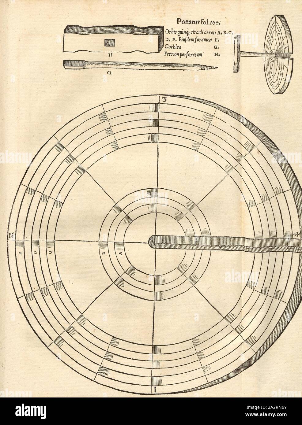 Wachsscheibe 2, strumento circolare, xilografia, dopo p. 100, (Liber quintus), Manuel, Hans Rudolf (graveur sur bois), 1556, Georgius Agricola: De re metallica libri XII: quibus officia, instrumenta, machinae, ac omnia denique ad metallicam spectantia, non modo luculentissime describuntur, sed & per le effigi (...). Basileae: [Froben], 1556 Foto Stock