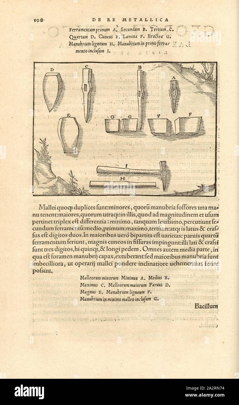 La lavorazione della pietra tool 1, vari mazzuoli e martello, xilografia, p. 108, (Liber sisto), Manuel, Hans Rudolf (graveur sur bois), 1556, Georgius Agricola: De re metallica libri XII: quibus officia, instrumenta, machinae, ac omnia denique ad metallicam spectantia, non modo luculentissime describuntur, sed & per le effigi (...). Basileae: [Froben], 1556 Foto Stock