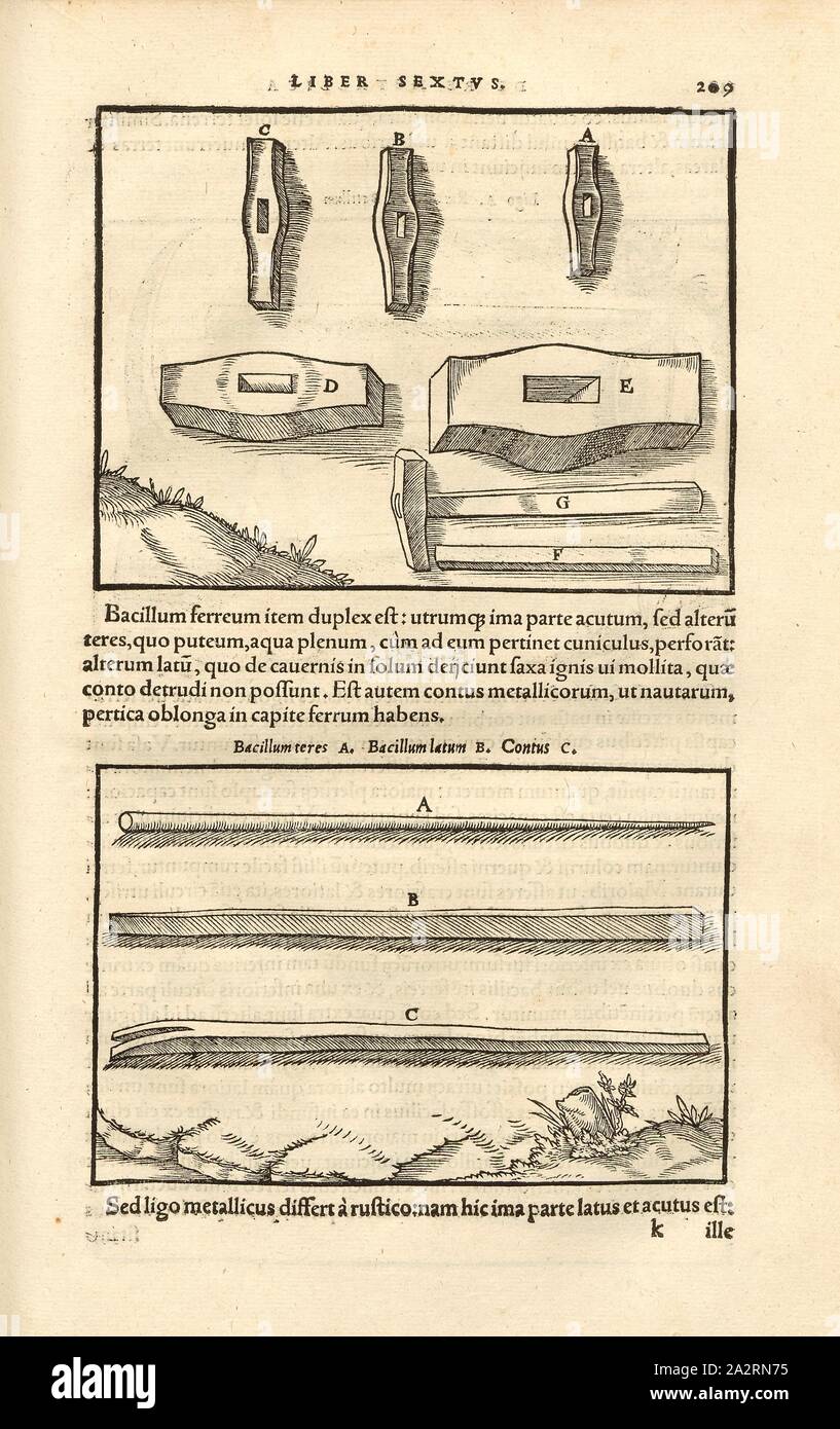 Steinbearbeitung 2 attrezzo, sopra: Vari Mazzuoli e martello, di seguito: Piedi di porco e piedi di porco, Xilografia, p. 109, (Liber sisto), Manuel, Hans Rudolf (graveur sur bois), 1556, Georgius Agricola: De re metallica libri XII: quibus officia, instrumenta, machinae, ac omnia denique ad metallicam spectantia, non modo luculentissime describuntur, sed & per le effigi (...). Basileae: [Froben], 1556 Foto Stock