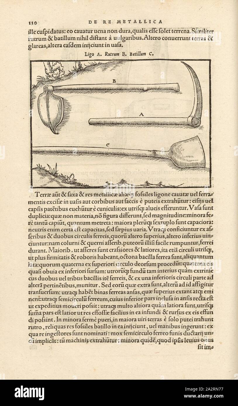 La lavorazione della pietra tool 3, hack e diversi tipi di lame; xilografia, S. XX, (Liber primus), Manuel, Hans Rudolf (graveur sur bois), 1556, Georgius Agricola: De re metallica libri XII: quibus officia, instrumenta, machinae, ac omnia denique ad metallicam spectantia, non modo luculentissime describuntur, sed & per le effigi (...). Basileae: [Froben], 1556 Foto Stock