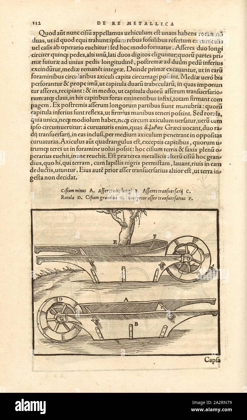 Transportgeräte 1, carriole, xilografia, p. 112, (Liber sisto), Manuel, Hans Rudolf (graveur sur bois), 1556, Georgius Agricola: De re metallica libri XII: quibus officia, instrumenta, machinae, ac omnia denique ad metallicam spectantia, non modo luculentissime describuntur, sed & per le effigi (...). Basileae: [Froben], 1556 Foto Stock