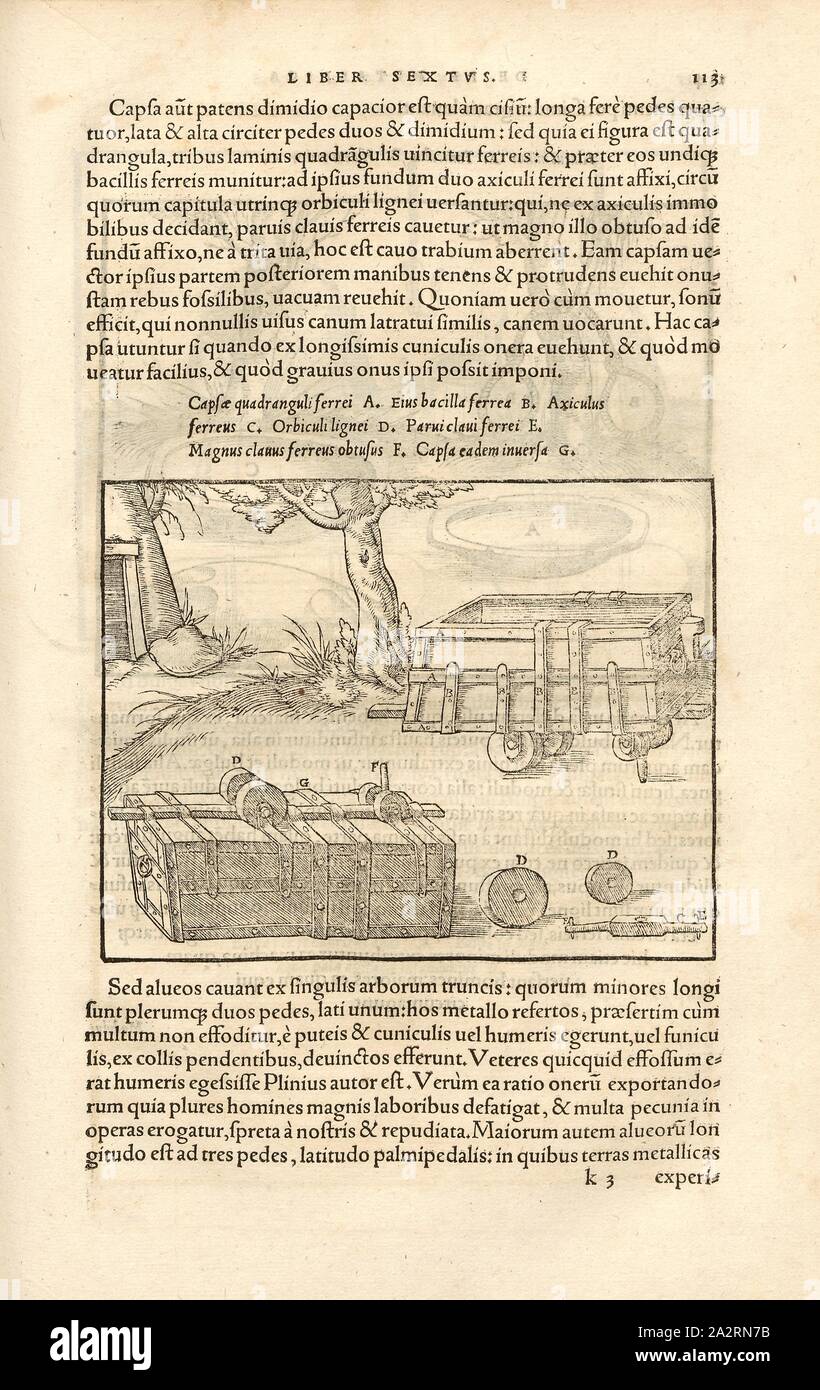 Transportgeräte 2, Suoneria, convogliatore il torace, la costruzione del dispositivo, xilografia, p. 113, (Liber sisto), Manuel, Hans Rudolf (graveur sur bois), 1556, Georgius Agricola: De re metallica libri XII: quibus officia, instrumenta, machinae, ac omnia denique ad metallicam spectantia, non modo luculentissime describuntur, sed & per le effigi (...). Basileae: [Froben], 1556 Foto Stock