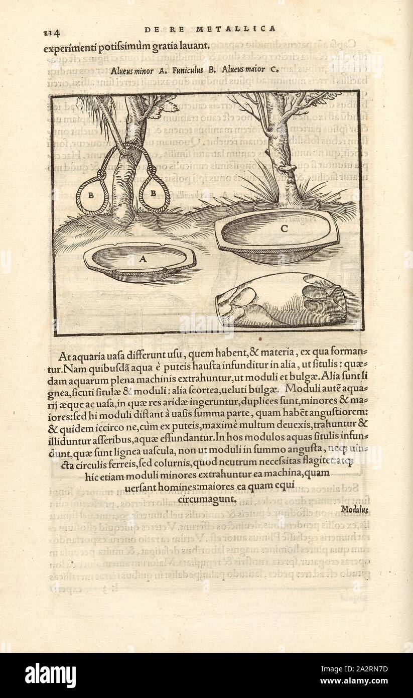 Recipienti di raccolta, il recipiente di forma ovale, il minerale portante, Erztrog, Xilografia, p. 114, (Liber sisto), Manuel, Hans Rudolf (graveur sur bois), 1556, Georgius Agricola: De re metallica libri XII: quibus officia, instrumenta, machinae, ac omnia denique ad metallicam spectantia, non modo luculentissime describuntur, sed & per le effigi (...). Basileae: [Froben], 1556 Foto Stock