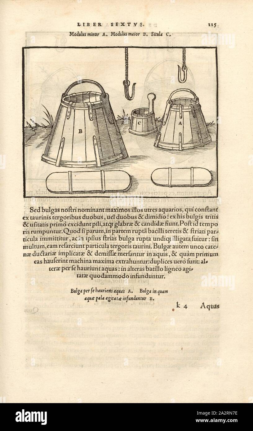 Fördergefässe 2, il trasportatore le navi in legno, benne, xilografia, p. 114, (Liber sisto), Manuel, Hans Rudolf (graveur sur bois), 1556, Georgius Agricola: De re metallica libri XII: quibus officia, instrumenta, machinae, ac omnia denique ad metallicam spectantia, non modo luculentissime describuntur, sed & per le effigi (...). Basileae: [Froben], 1556 Foto Stock