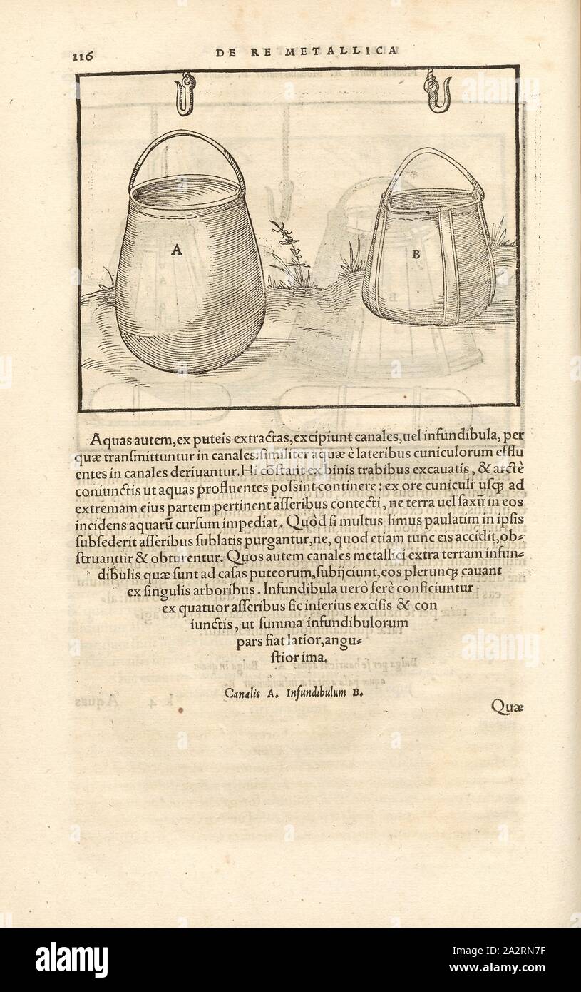 Fördergefässe 3, sacco, vasca, xilografia, p. 116, (Liber sisto), Manuel, Hans Rudolf (graveur sur bois), 1556, Georgius Agricola: De re metallica libri XII: quibus officia, instrumenta, machinae, ac omnia denique ad metallicam spectantia, non modo luculentissime describuntur, sed & per le effigi (...). Basileae: [Froben], 1556 Foto Stock