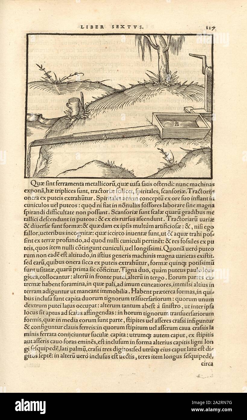 Gully, Grondaia, xilografia, p. 117, (Liber sisto), Manuel, Hans Rudolf (graveur sur bois), 1556, Georgius Agricola: De re metallica libri XII: quibus officia, instrumenta, machinae, ac omnia denique ad metallicam spectantia, non modo luculentissime describuntur, sed & per le effigi (...). Basileae: [Froben], 1556 Foto Stock