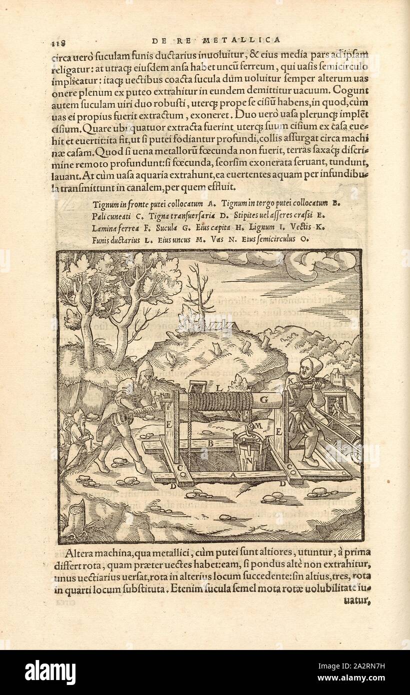 Haspelanlage 1, la costruzione di un avvolgitore con il verricello ruota ondulato con benna, xilografia, p. 118, (Liber sisto), Manuel, Hans Rudolf (graveur sur bois), 1556, Georgius Agricola: De re metallica libri XII: quibus officia, instrumenta, machinae, ac omnia denique ad metallicam spectantia, non modo luculentissime describuntur, sed & per le effigi (...). Basileae: [Froben], 1556 Foto Stock