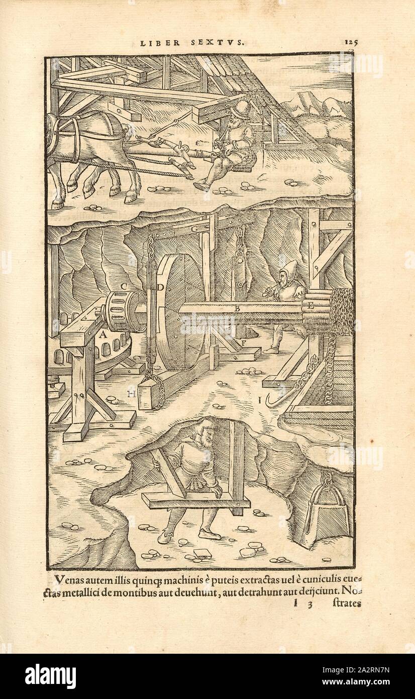 Pferdegöpel, potenza motore sopra la miniera Powered by Cavalli, trasportatore, Xilografia, p. 125, (Liber sisto), Manuel, Hans Rudolf (graveur sur bois), 1556, Georgius Agricola: De re metallica libri XII: quibus officia, instrumenta, machinae, ac omnia denique ad metallicam spectantia, non modo luculentissime describuntur, sed & per le effigi (...). Basileae: [Froben], 1556 Foto Stock