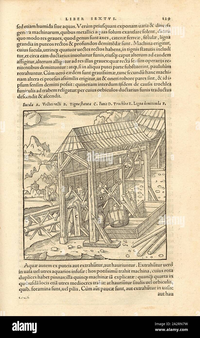 Haspelanlage 4, aspo trasversale, xilografia, p. 129, (Liber sisto), Manuel, Hans Rudolf (graveur sur bois), 1556, Georgius Agricola: De re metallica libri XII: quibus officia, instrumenta, machinae, ac omnia denique ad metallicam spectantia, non modo luculentissime describuntur, sed & per le effigi (...). Basileae: [Froben], 1556 Foto Stock