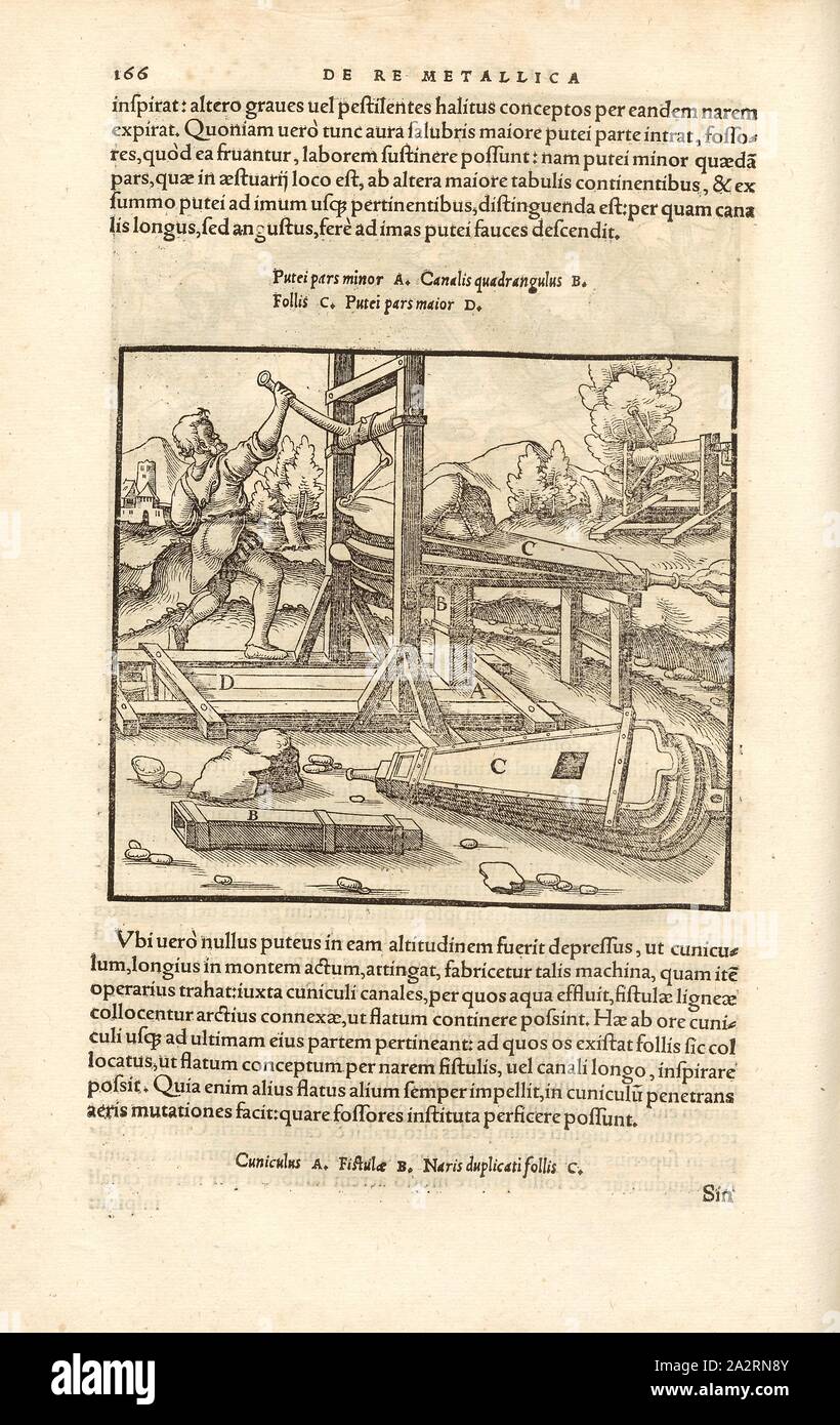 Bewetterung 7, soffietti di grandi dimensioni installata sopra la fossa al foro per fornire aria fresca al pit, xilografia, p. 166, (Liber sisto), Manuel, Hans Rudolf (graveur sur bois), 1556, Georgius Agricola: De re metallica libri XII: quibus officia, instrumenta, machinae, ac omnia denique ad metallicam spectantia, non modo luculentissime describuntur, sed & per le effigi (...). Basileae: [Froben], 1556 Foto Stock