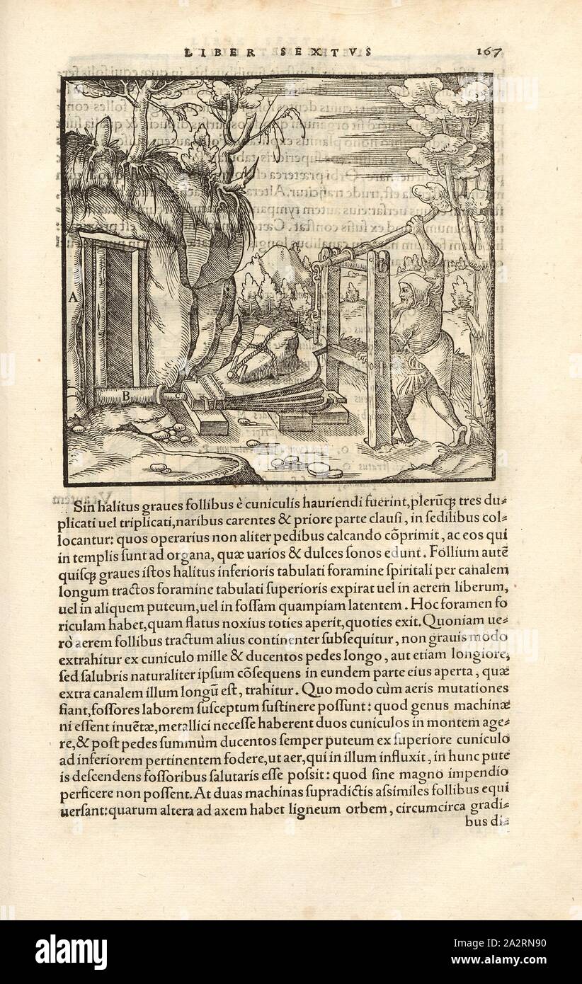 Bewetterung 8, il soffietto installato all'ingresso all'ingresso per l'aria fresca, xilografia, p. 167, (Liber sisto), Manuel, Hans Rudolf (graveur sur bois), 1556, Georgius Agricola: De re metallica libri XII: quibus officia, instrumenta, machinae, ac omnia denique ad metallicam spectantia, non modo luculentissime describuntur, sed & per le effigi (...). Basileae: [Froben], 1556 Foto Stock