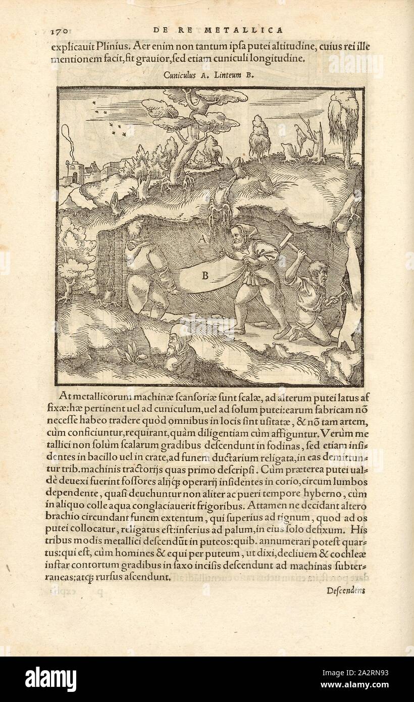 Bewetterung 10, l'aria fresca viene ventilata con un panno, Xilografia, p. 170 (Liber sisto), Manuel, Hans Rudolf (graveur sur bois), 1556, Georgius Agricola: De re metallica libri XII: quibus officia, instrumenta, machinae, ac omnia denique ad metallicam spectantia, non modo luculentissime describuntur, sed & per le effigi (...). Basileae: [Froben], 1556 Foto Stock