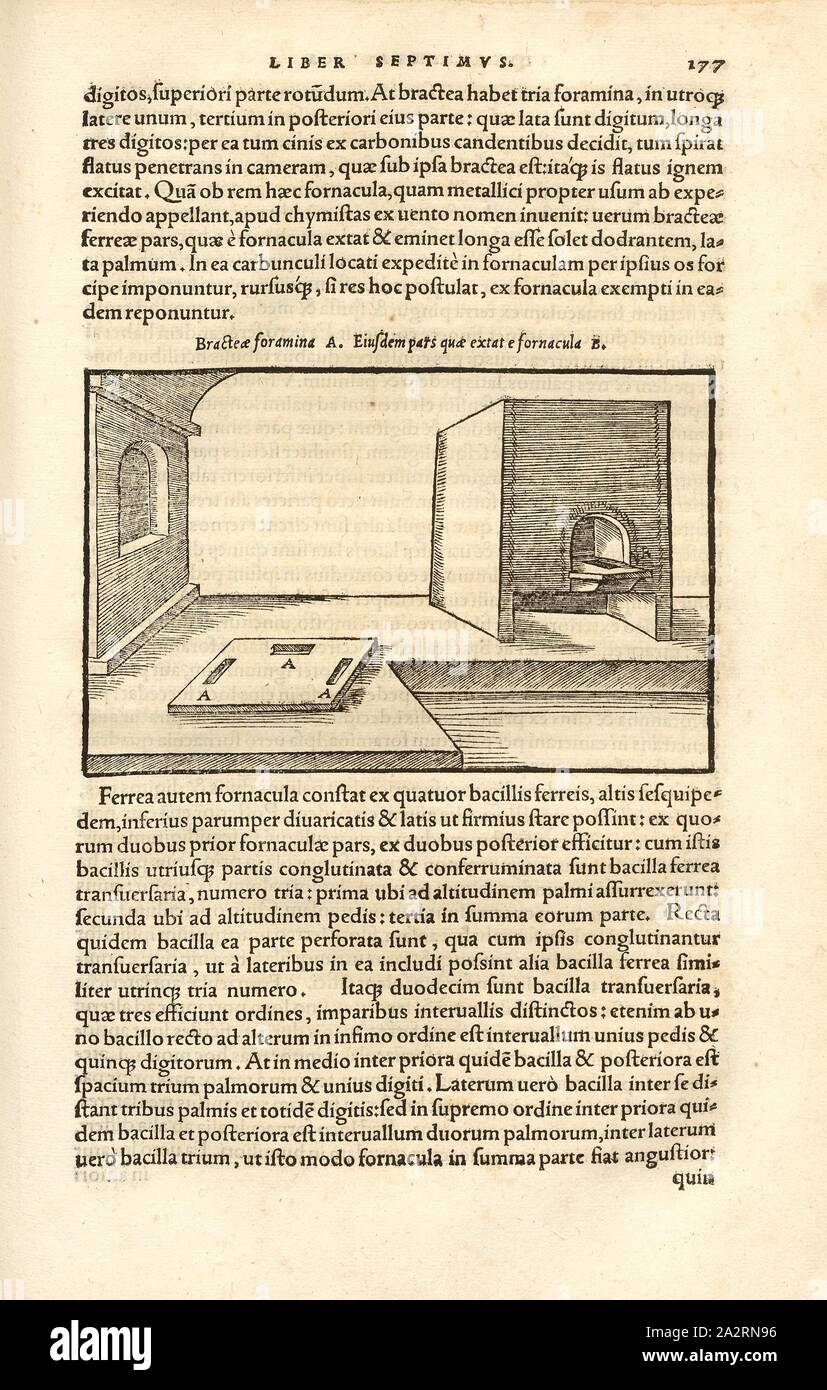 Funzione del forno di prova, l'alimentazione di aria si infiamma il fuoco, che è il motivo per cui la stufa è chiamato un forno di vento; la xilografia, p. 177, (Liber septimus), Manuel, Hans Rudolf (graveur sur bois), 1556, Georgius Agricola: De re metallica libri XII: quibus officia, instrumenta, machinae, ac omnia denique ad metallicam spectantia, non modo luculentissime describuntur, sed & per le effigi (...). Basileae: [Froben], 1556 Foto Stock