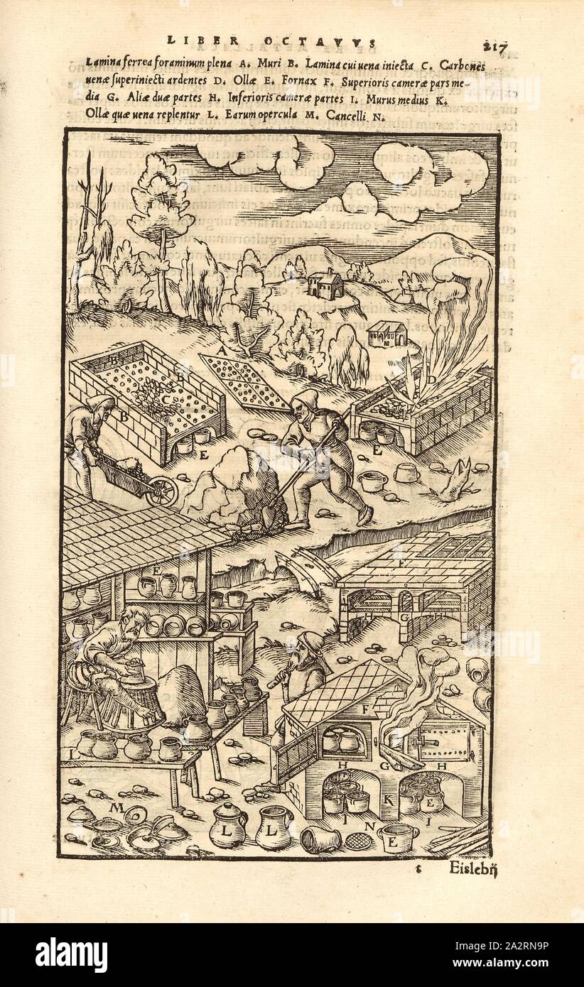 La tostatura i minerali 5, il minerale arrostito su una lamiera forata lamiera di ferro consente di zolfo o di bitume per essere raccolti e riutilizzati, xilografia, p. 217, (Liber octavus), Manuel, Hans Rudolf (graveur sur bois), 1556, Georgius Agricola: De re metallica libri XII: quibus officia, instrumenta, machinae, ac omnia denique ad metallicam spectantia, non modo luculentissime describuntur, sed & per le effigi (...). Basileae: [Froben], 1556 Foto Stock