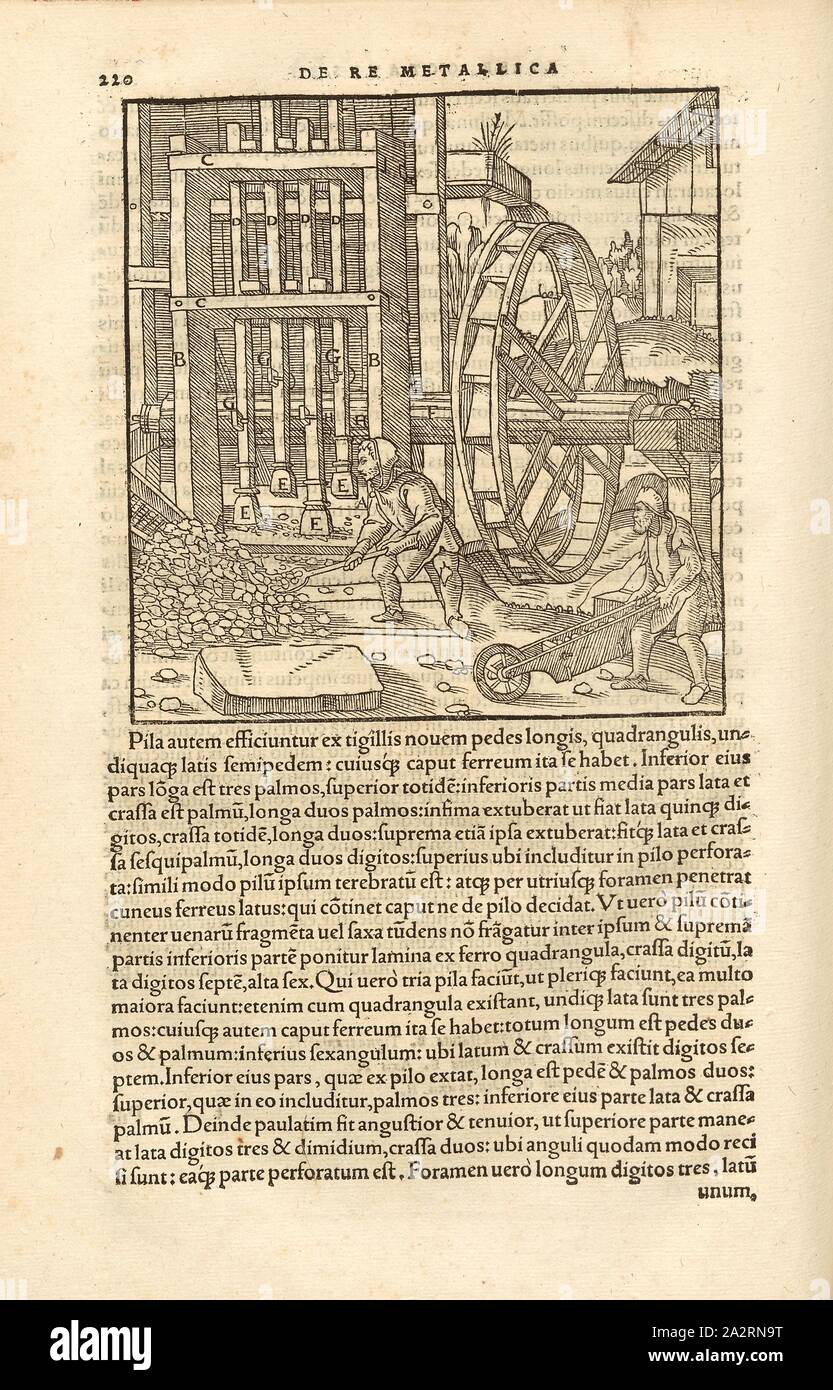 Pochwerk 1, un waterwheel si muove Pounding pile / Foratura frementi / tritare i pezzi di minerale, Xilografia, p. 220, (Liber octavus), Manuel, Hans Rudolf (graveur sur bois), 1556, Georgius Agricola: De re metallica libri XII: quibus officia, instrumenta, machinae, ac omnia denique ad metallicam spectantia, non modo luculentissime describuntur, sed & per le effigi (...). Basileae: [Froben], 1556 Foto Stock