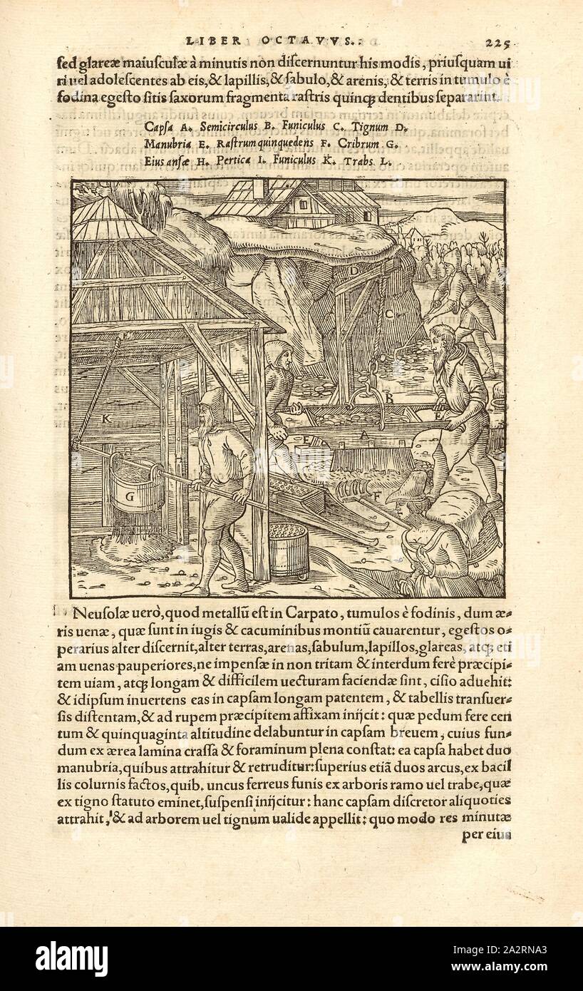 Elaborazione con un setaccio 3, il trafitto pezzi di minerale vengono spostati in appendere i crivelli, xilografia, p. 225, (Liber octavus), Manuel, Hans Rudolf (graveur sur bois), 1556, Georgius Agricola: De re metallica libri XII: quibus officia, instrumenta, machinae, ac omnia denique ad metallicam spectantia, non modo luculentissime describuntur, sed & per le effigi (...). Basileae: [Froben], 1556 Foto Stock