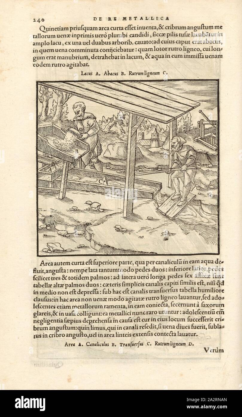 Lavaggio dei minerali 3, specialmente Minerali di stagno sono stati miscelati in una vasta gamma di canali di convogliamento con acqua e lavato, xilografia, p. 240, (Liber ocavus), Manuel, Hans Rudolf (graveur sur bois), 1556, Georgius Agricola: De re metallica libri XII: quibus officia, instrumenta, machinae, ac omnia denique ad metallicam spectantia, non modo luculentissime describuntur, sed & per le effigi (...). Basileae: [Froben], 1556 Foto Stock