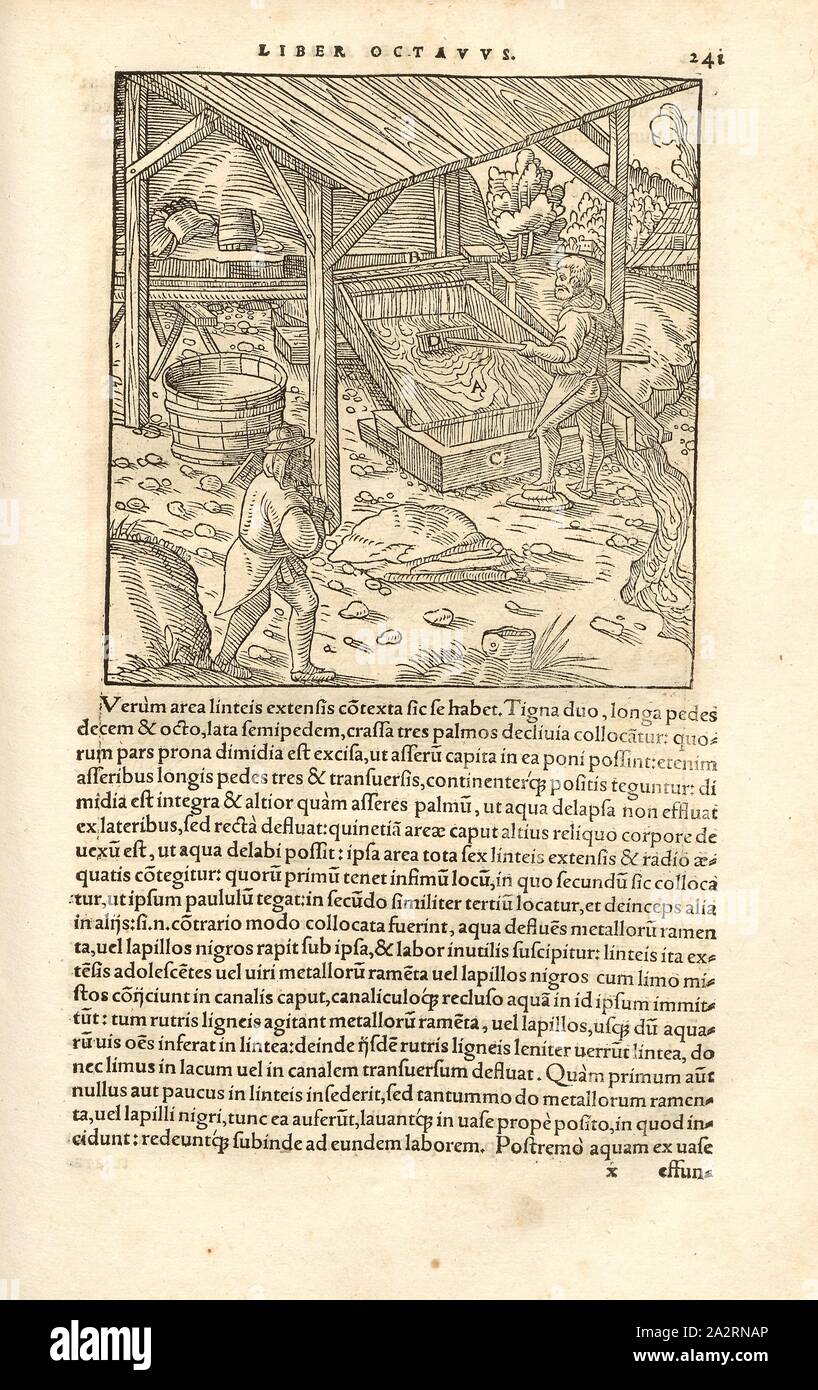 Planenherd 1, il minerale viene risciacquato con acqua su un telone stufa e lavato, xilografia, p. 241, (Liber octavus), Manuel, Hans Rudolf (graveur sur bois), 1556, Georgius Agricola: De re metallica libri XII: quibus officia, instrumenta, machinae, ac omnia denique ad metallicam spectantia, non modo luculentissime describuntur, sed & per le effigi (...). Basileae: [Froben], 1556 Foto Stock