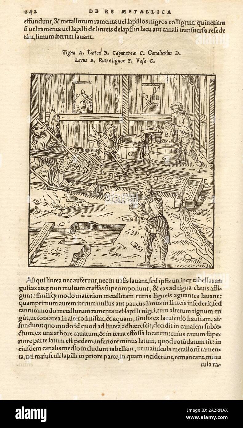Planenherd 2, i minerali vengono lavati in una configurazione rastremata a tronco di albero con classificato planherds, xilografia, p. 242, (Liber octavus), Manuel, Hans Rudolf (graveur sur bois), 1556, Georgius Agricola: De re metallica libri XII: quibus officia, instrumenta, machinae, ac omnia denique ad metallicam spectantia, non modo luculentissime describuntur, sed & per le effigi (...). Basileae: [Froben], 1556 Foto Stock