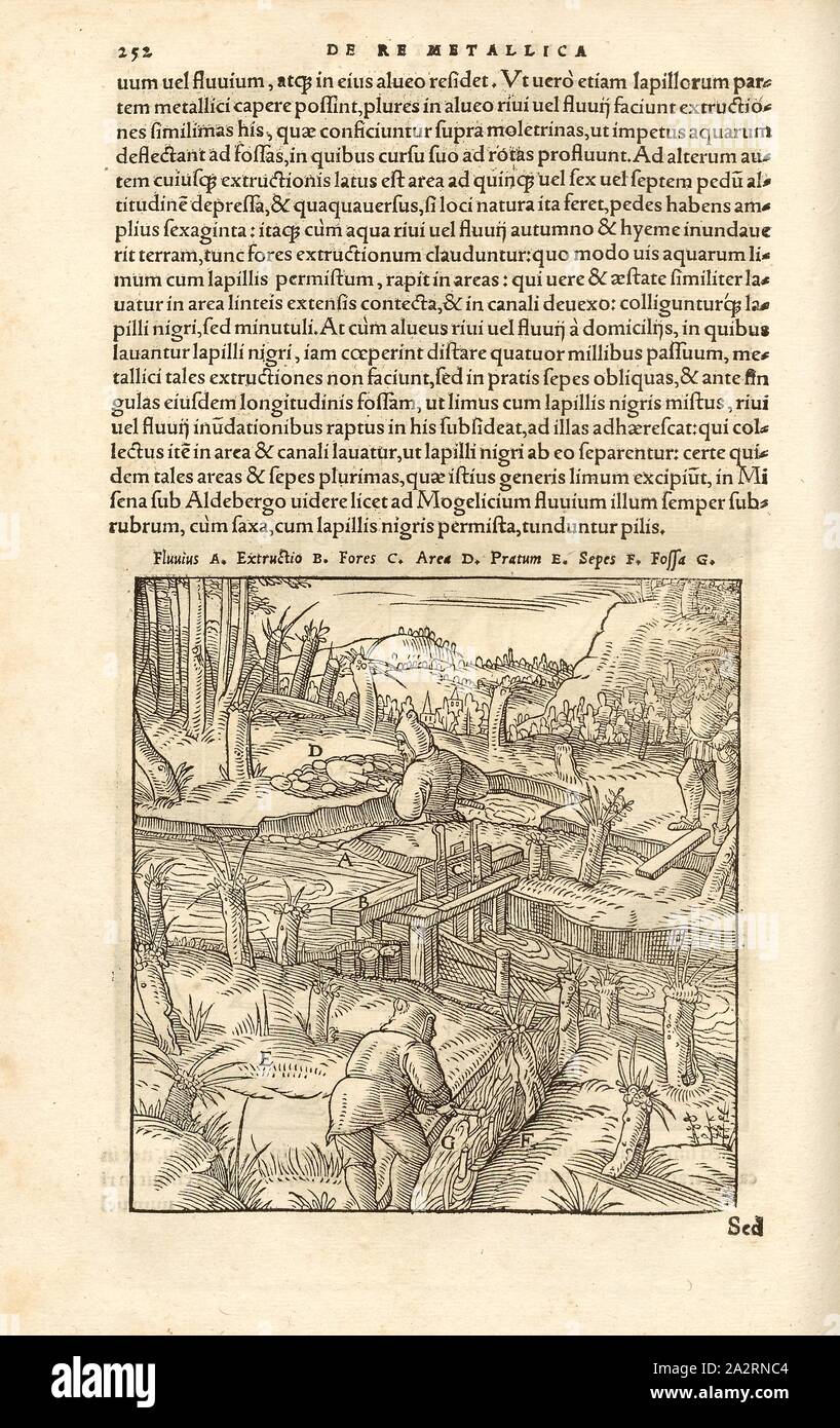 Weir, gli sbarramenti vengono utilizzati per recuperare alcuni dei minerali di stagno che non sono stati depositati prima, ma ancora una parte, xilografia, p. 252, (Liber octavus), Manuel, Hans Rudolf (graveur sur bois), 1556, Georgius Agricola: De re metallica libri XII: quibus officia, instrumenta, machinae, ac omnia denique ad metallicam spectantia, non modo luculentissime describuntur, sed & per le effigi (...). Basileae: [Froben], 1556 Foto Stock