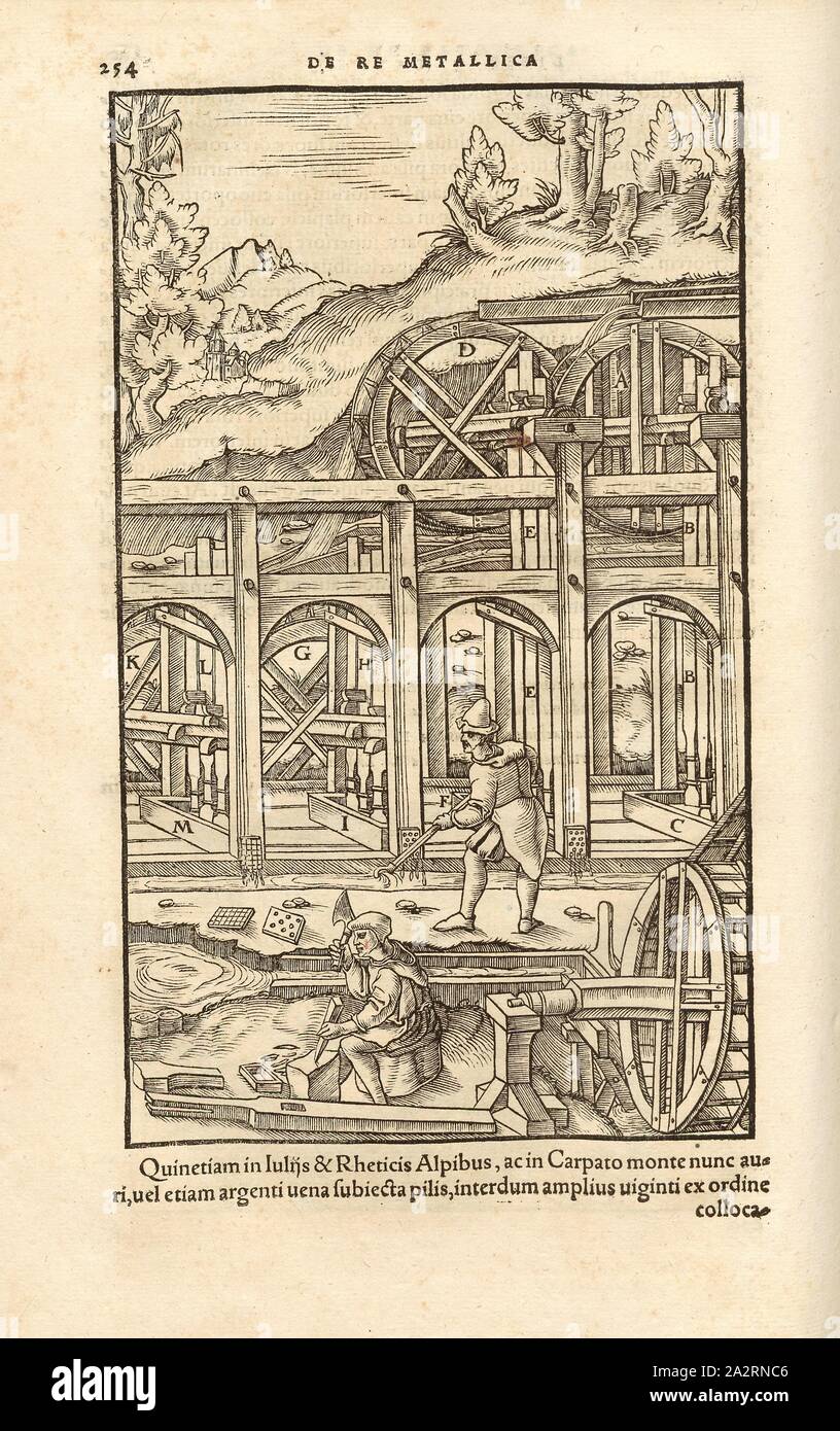 Pochwerk 2, quattro punzoni in una fila., i punzoni posteriori sono più lunghi e più pesante rispetto a quella anteriore, xilografia, p. 254, (Liber octavus), Manuel, Hans Rudolf (graveur sur bois), 1556, Georgius Agricola: De re metallica libri XII: quibus officia, instrumenta, machinae, ac omnia denique ad metallicam spectantia, non modo luculentissime describuntur, sed & per le effigi (...). Basileae: [Froben], 1556 Foto Stock