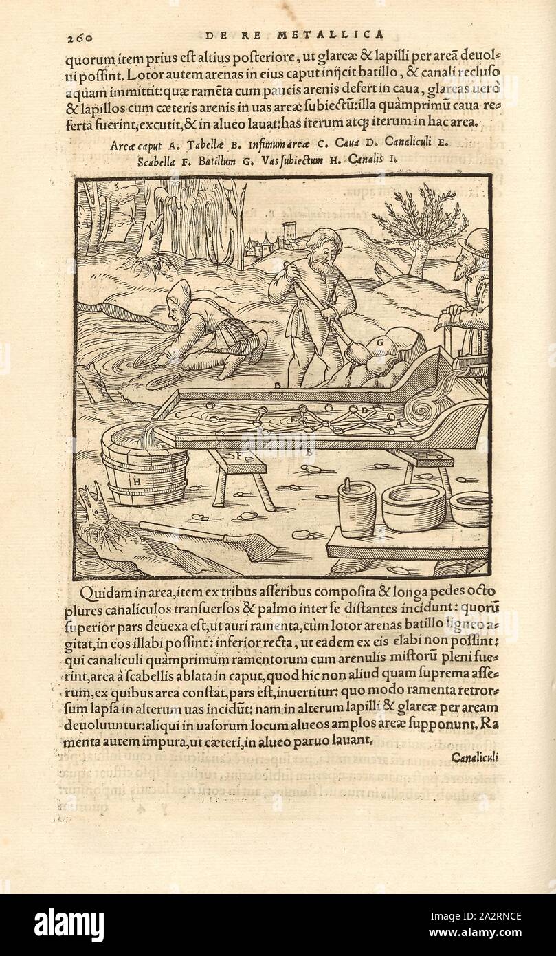 Fornello con depressioni, scanalature ed incavi nel telone mantenere il più pesante goldish indietro, xilografia, p. 260, (Liber octavus), Manuel, Hans Rudolf (graveur sur bois), 1556, Georgius Agricola: De re metallica libri XII: quibus officia, instrumenta, machinae, ac omnia denique ad metallicam spectantia, non modo luculentissime describuntur, sed & per le effigi (...). Basileae: [Froben], 1556 Foto Stock