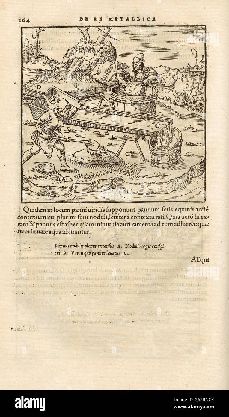 Mandria rivestito con materiali 1, le particelle di oro sono catturati nelle fibre del tessuto, xilografia, p. 264, (Liber octavus), Manuel, Hans Rudolf (graveur sur bois), 1556, Georgius Agricola: De re metallica libri XII: quibus officia, instrumenta, machinae, ac omnia denique ad metallicam spectantia, non modo luculentissime describuntur, sed & per le effigi (...). Basileae: [Froben], 1556 Foto Stock