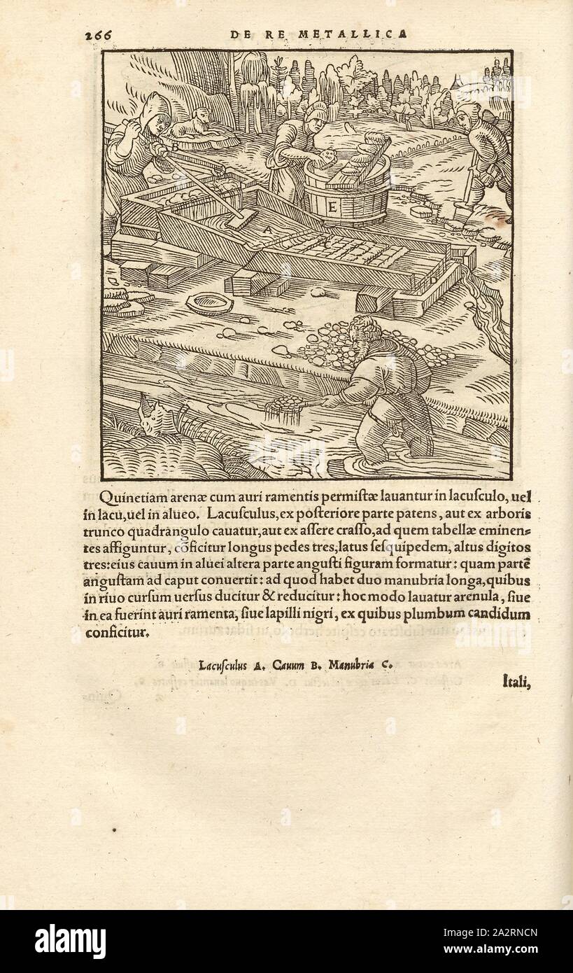 Mandria rivestito con materiali 3, le particelle di oro catturati in cui-up prati, xilografia, p. 266, (Liber octavus), Manuel, Hans Rudolf (graveur sur bois), 1556, Georgius Agricola: De re metallica libri XII: quibus officia, instrumenta, machinae, ac omnia denique ad metallicam spectantia, non modo luculentissime describuntur, sed & per le effigi (...). Basileae: [Froben], 1556 Foto Stock