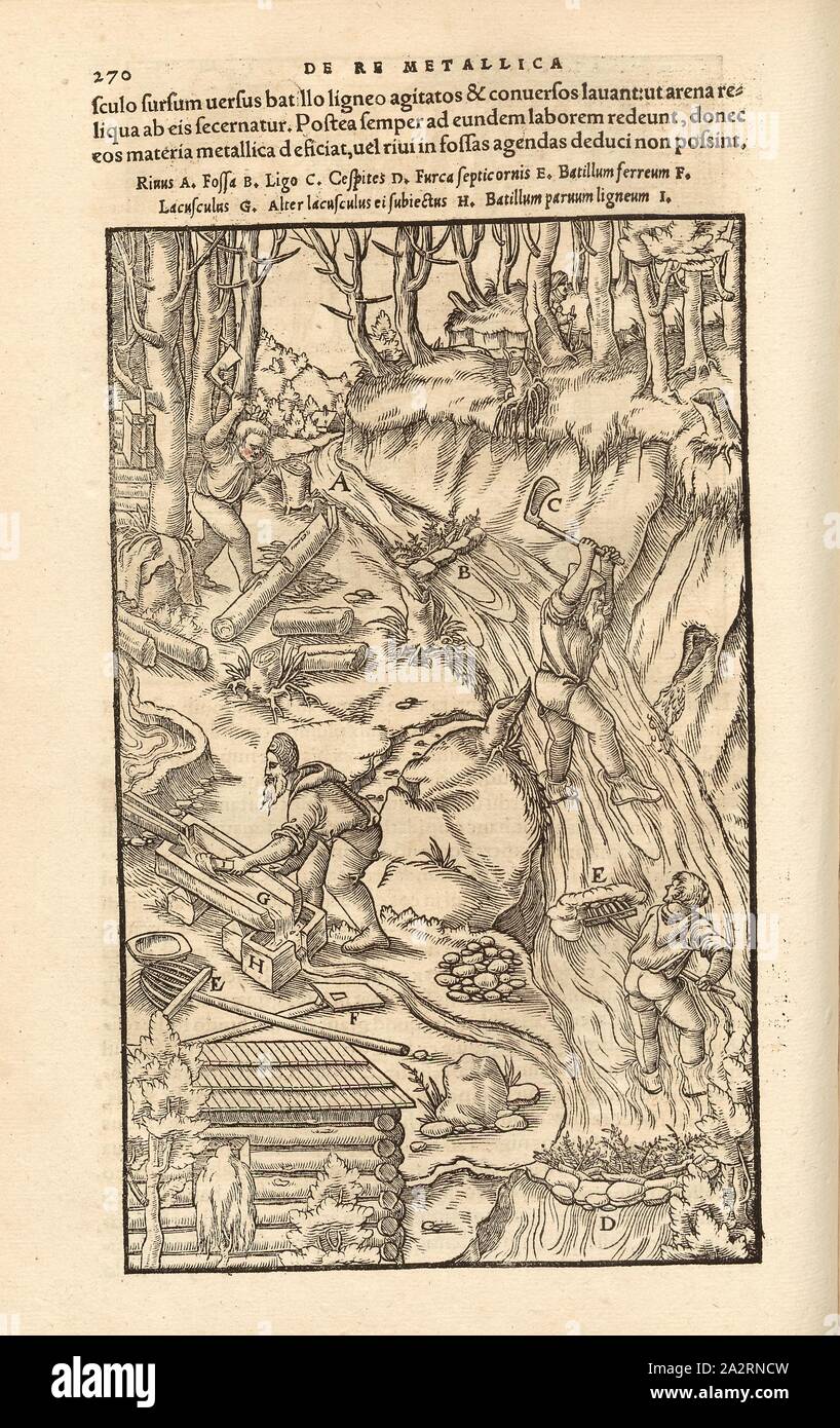 Conquistare i cuori di stagno, lo stagno è fatta di roccia, precedentemente lavorato con strumenti, staccato dall'acqua, xilografia, p. 270, (Liber octavus), Manuel, Hans Rudolf (graveur sur bois), 1556, Georgius Agricola: De re metallica libri XII: quibus officia, instrumenta, machinae, ac omnia denique ad metallicam spectantia, non modo luculentissime describuntur, sed & per le effigi (...). Basileae: [Froben], 1556 Foto Stock