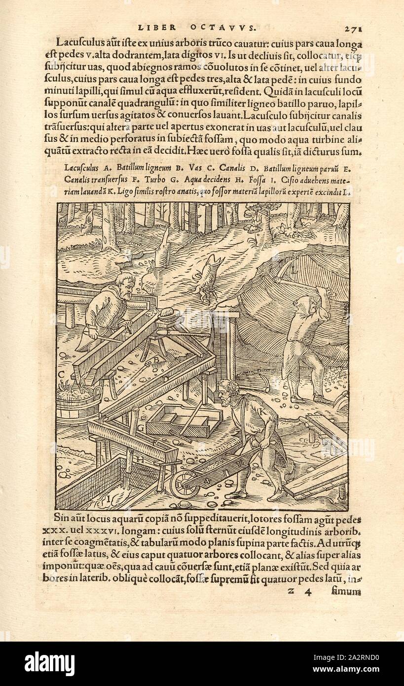 Waschtröge 1, in uno spiovente di vaschetta lavaggio la tingrains vengono liberati di sabbia con strumenti in legno, xilografia, p. 271, (Liber octavus), Manuel, Hans Rudolf (graveur sur bois), 1556, Georgius Agricola: De re metallica libri XII: quibus officia, instrumenta, machinae, ac omnia denique ad metallicam spectantia, non modo luculentissime describuntur, sed & per le effigi (...). Basileae: [Froben], 1556 Foto Stock