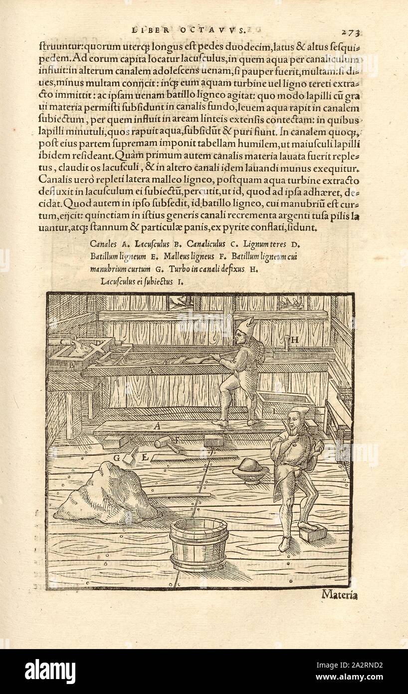 Waschtröge 3, in un lavatoio, il tingrains vengono liberati di sabbia con strumenti in legno, xilografia, p. 293, (Liber octavus), Manuel, Hans Rudolf (graveur sur bois), 1556, Georgius Agricola: De re metallica libri XII: quibus officia, instrumenta, machinae, ac omnia denique ad metallicam spectantia, non modo luculentissime describuntur, sed & per le effigi (...). Basileae: [Froben], 1556 Foto Stock