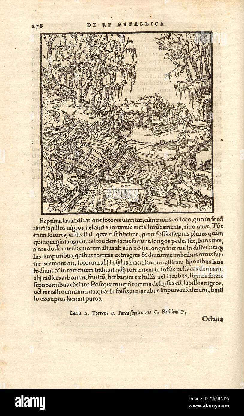 Waschtröge 6, sistema multi-livello di lavare i condotti, grondaie e tralicci, xilografia, p. 278, (Liber octavus), Manuel, Hans Rudolf (graveur sur bois), 1556, Georgius Agricola: De re metallica libri XII: quibus officia, instrumenta, machinae, ac omnia denique ad metallicam spectantia, non modo luculentissime describuntur, sed & per le effigi (...). Basileae: [Froben], 1556 Foto Stock