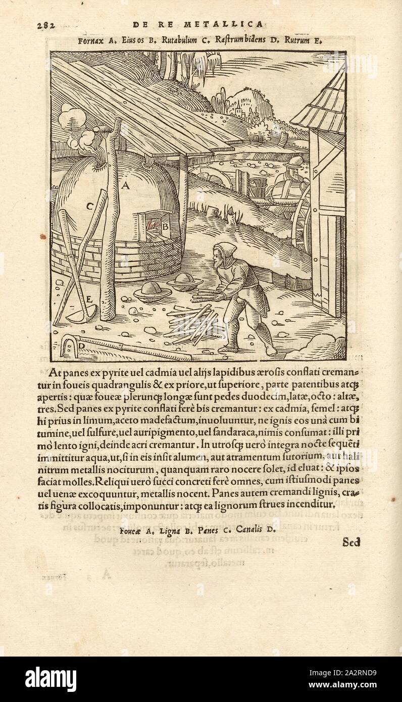 Masterizzazione di cuori di stagno 1, Zinnerze vengono sparate nel fuoco di un forno tondo, xilografia, S. 282, (Liber octavus), Manuel, Hans Rudolf (graveur sur bois), 1556, Georgius Agricola: De re metallica libri XII: quibus officia, instrumenta, machinae, ac omnia denique ad metallicam spectantia, non modo luculentissime describuntur, sed & per le effigi (...). Basileae: [Froben], 1556 Foto Stock