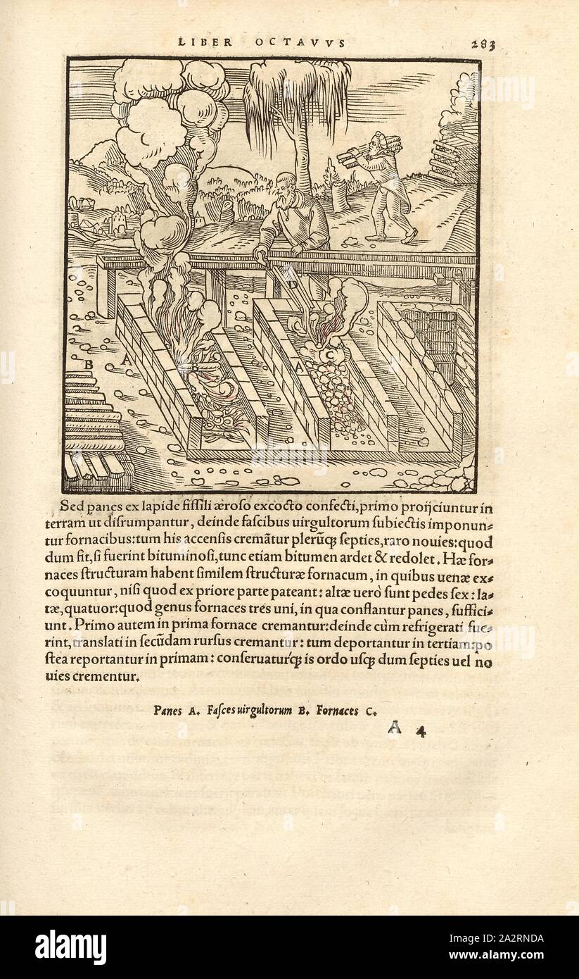 Masterizzazione di cuori di stagno 2, bruciato stagno è lavato di nuovo e poi bruciato in un forno aperto, xilografia, p. 283, (Liber octavus), Manuel, Hans Rudolf (graveur sur bois), 1556, Georgius Agricola: De re metallica libri XII: quibus officia, instrumenta, machinae, ac omnia denique ad metallicam spectantia, non modo luculentissime describuntur, sed & per le effigi (...). Basileae: [Froben], 1556 Foto Stock