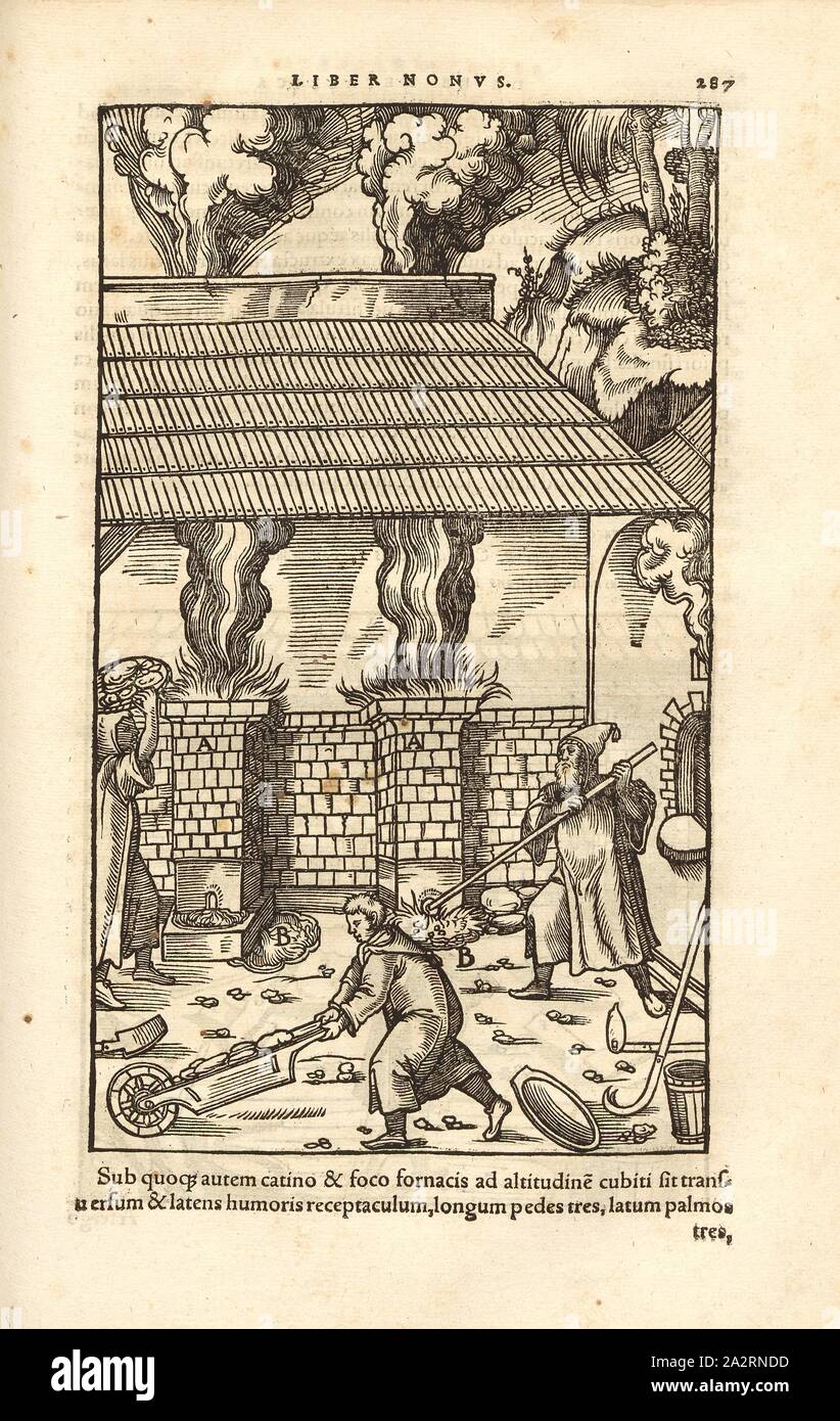 Schmelzöfen 1, la costruzione di forni di fusione, Xilografia, p. 287 (Liber nonus), Manuel, Hans Rudolf (graveur sur bois), 1556, Georgius Agricola: De re metallica libri XII: quibus officia, instrumenta, machinae, ac omnia denique ad metallicam spectantia, non modo luculentissime describuntur, sed & per le effigi (...). Basileae: [Froben], 1556 Foto Stock