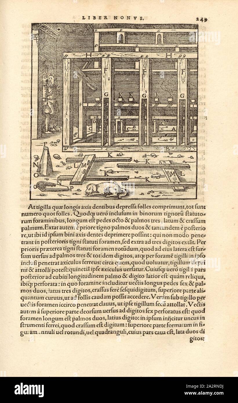 Telaio portante per il soffietto, la costruzione di una struttura per il fissaggio del soffietto, Xilografia, p. 249 299, (Liber primus), Manuel, Hans Rudolf (graveur sur bois), 1556, Georgius Agricola: De re metallica libri XII: quibus officia, instrumenta, machinae, ac omnia denique ad metallicam spectantia, non modo luculentissime describuntur, sed & per le effigi (...). Basileae: [Froben], 1556 Foto Stock