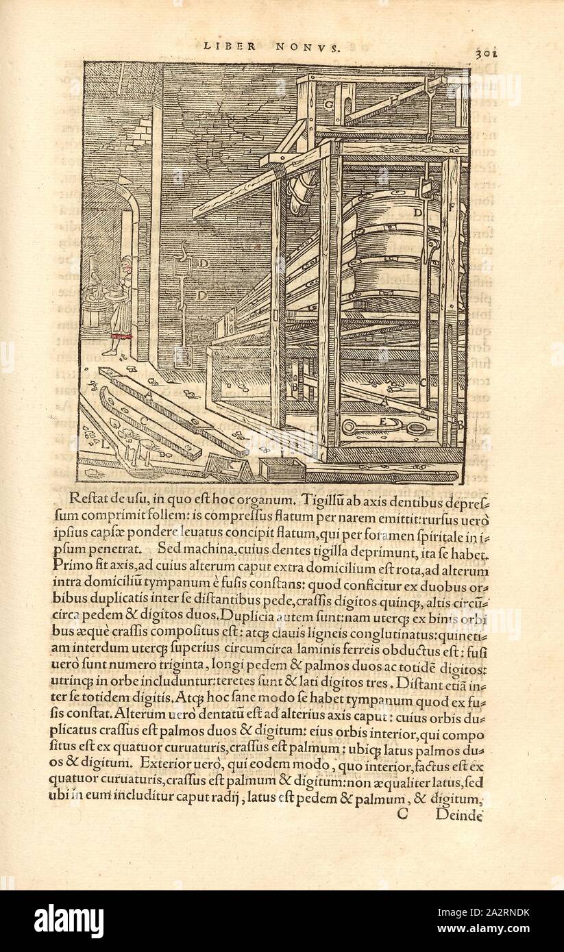 Costruzione meccanica per la funzione del soffietto, i soffietti sono spostati con una costruzione meccanica, xilografia, p. 301 (Liber nonus), Manuel, Hans Rudolf (graveur sur bois), 1556, Georgius Agricola: De re metallica libri XII: quibus officia, instrumenta, machinae, ac omnia denique ad metallicam spectantia, non modo luculentissime describuntur, sed & per le effigi (...). Basileae: [Froben], 1556 Foto Stock