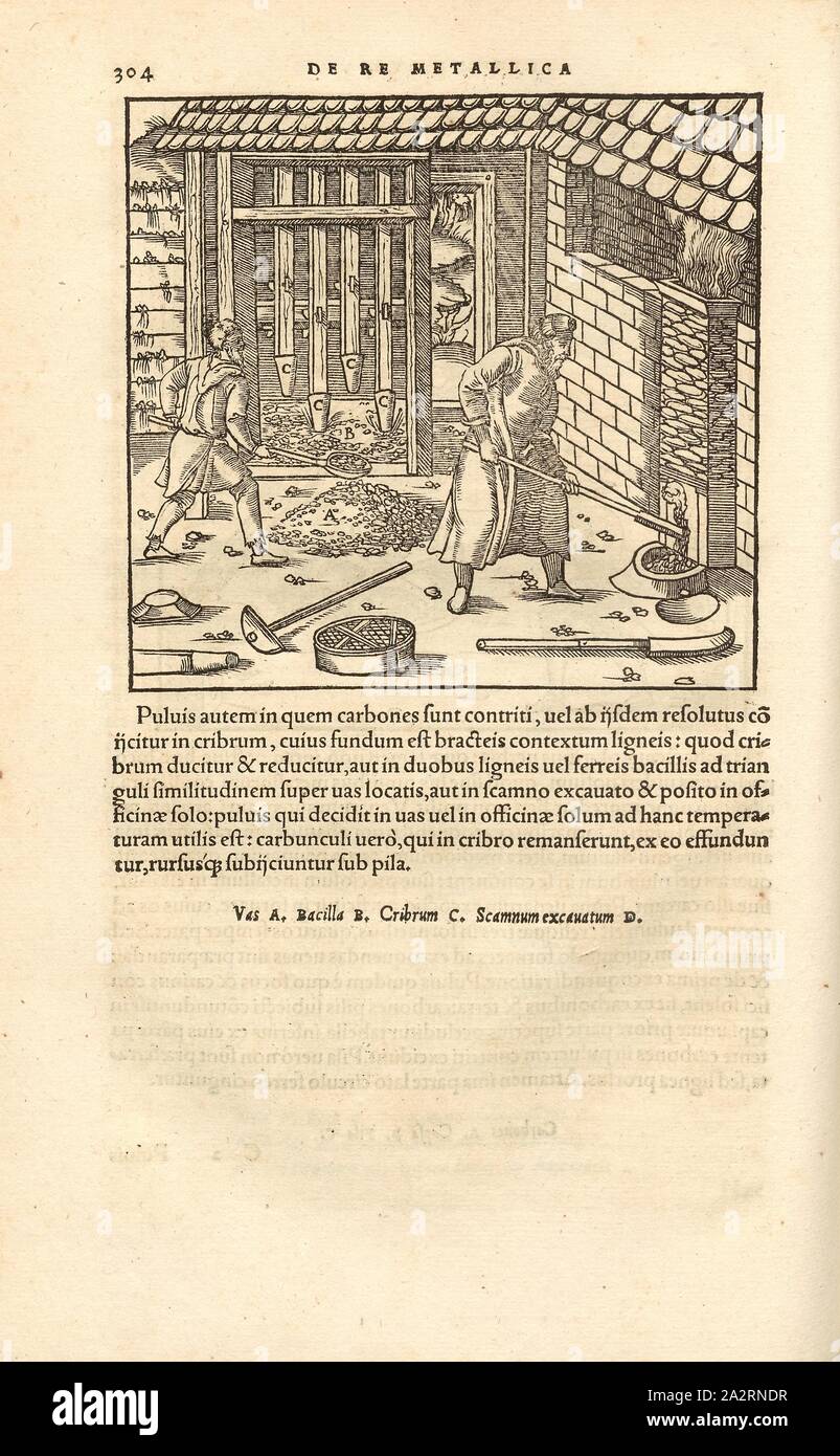 Meccanismo di tranciatura di pezzi di carbone, pezzi di carbone sono preparati per i forni in uno spintore per frantumazione, xilografia, p. 304, (Liber nonus), Manuel, Hans Rudolf (graveur sur bois), 1556, Georgius Agricola: De re metallica libri XII: quibus officia, instrumenta, machinae, ac omnia denique ad metallicam spectantia, non modo luculentissime describuntur, sed & per le effigi (...). Basileae: [Froben], 1556 Foto Stock