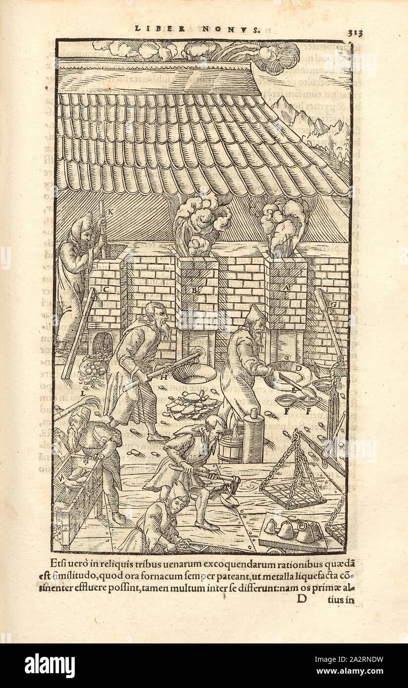 Schachtöfen 1, ai lavoratori di eseguire le attività nel settore dei forni fusori, xilografia, p. 313, (Liber nonus), Manuel, Hans Rudolf (graveur sur bois), 1556, Georgius Agricola: De re metallica libri XII: quibus officia, instrumenta, machinae, ac omnia denique ad metallicam spectantia, non modo luculentissime describuntur, sed & per le effigi (...). Basileae: [Froben], 1556 Foto Stock