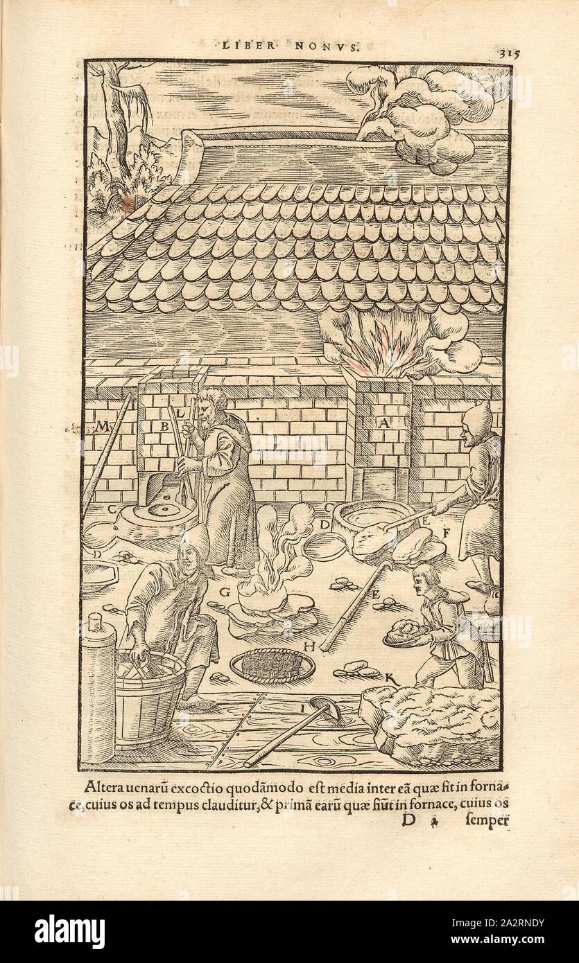 Schachtöfen 2, ai lavoratori di eseguire le attività nel settore dei forni fusori, xilografia, p. 315, (Liber nonus), Manuel, Hans Rudolf (graveur sur bois), 1556, Georgius Agricola: De re metallica libri XII: quibus officia, instrumenta, machinae, ac omnia denique ad metallicam spectantia, non modo luculentissime describuntur, sed & per le effigi (...). Basileae: [Froben], 1556 Foto Stock