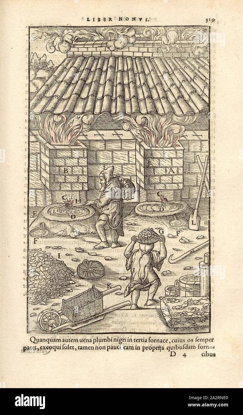 Forni a tino con crogioli 3, ai lavoratori di eseguire attività nel campo dei forni di fusione, xilografia, p. 319, (Liber nonus), Manuel, Hans Rudolf (graveur sur bois), 1556, Georgius Agricola: De re metallica libri XII: quibus officia, instrumenta, machinae, ac omnia denique ad metallicam spectantia, non modo luculentissime describuntur, sed & per le effigi (...). Basileae: [Froben], 1556 Foto Stock