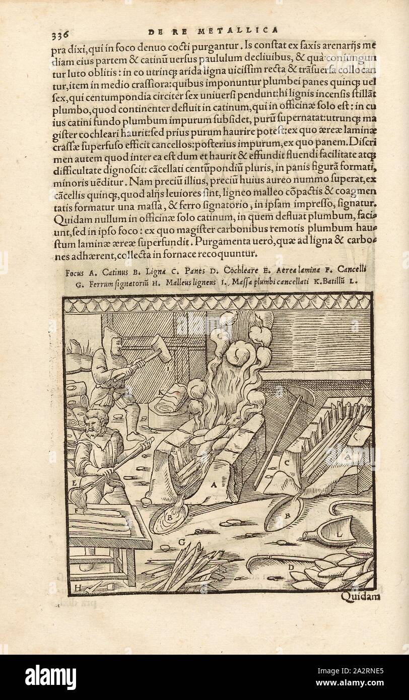 Saigerherd, nel Saigerherd di pietra arenaria peltro torte vengono puliti mediante fusione, xilografia, p. 336, (Liber nonus), Manuel, Hans Rudolf (graveur sur bois), 1556, Georgius Agricola: De re metallica libri XII: quibus officia, instrumenta, machinae, ac omnia denique ad metallicam spectantia, non modo luculentissime describuntur, sed & per le effigi (...). Basileae: [Froben], 1556 Foto Stock
