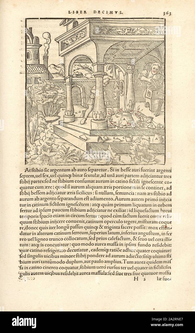 Estrazione di metalli preziosi 3, una pentola di carbone incandescente, xilografia, p. 363, (Liber decimus), Manuel, Hans Rudolf (graveur sur bois), 1556, Georgius Agricola: De re metallica libri XII: quibus officia, instrumenta, machinae, ac omnia denique ad metallicam spectantia, non modo luculentissime describuntur, sed & per le effigi (...). Basileae: [Froben], 1556 Foto Stock
