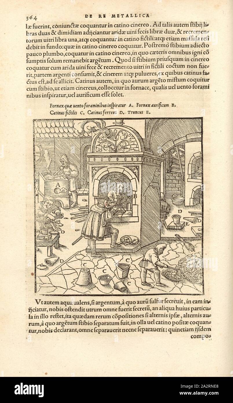 Estrazione di metalli preziosi 4, oreficeria forno, xilografia, p. 364, (Liber decimus), Manuel, Hans Rudolf (graveur sur bois), 1556, Georgius Agricola: De re metallica libri XII: quibus officia, instrumenta, machinae, ac omnia denique ad metallicam spectantia, non modo luculentissime describuntur, sed & per le effigi (...). Basileae: [Froben], 1556 Foto Stock