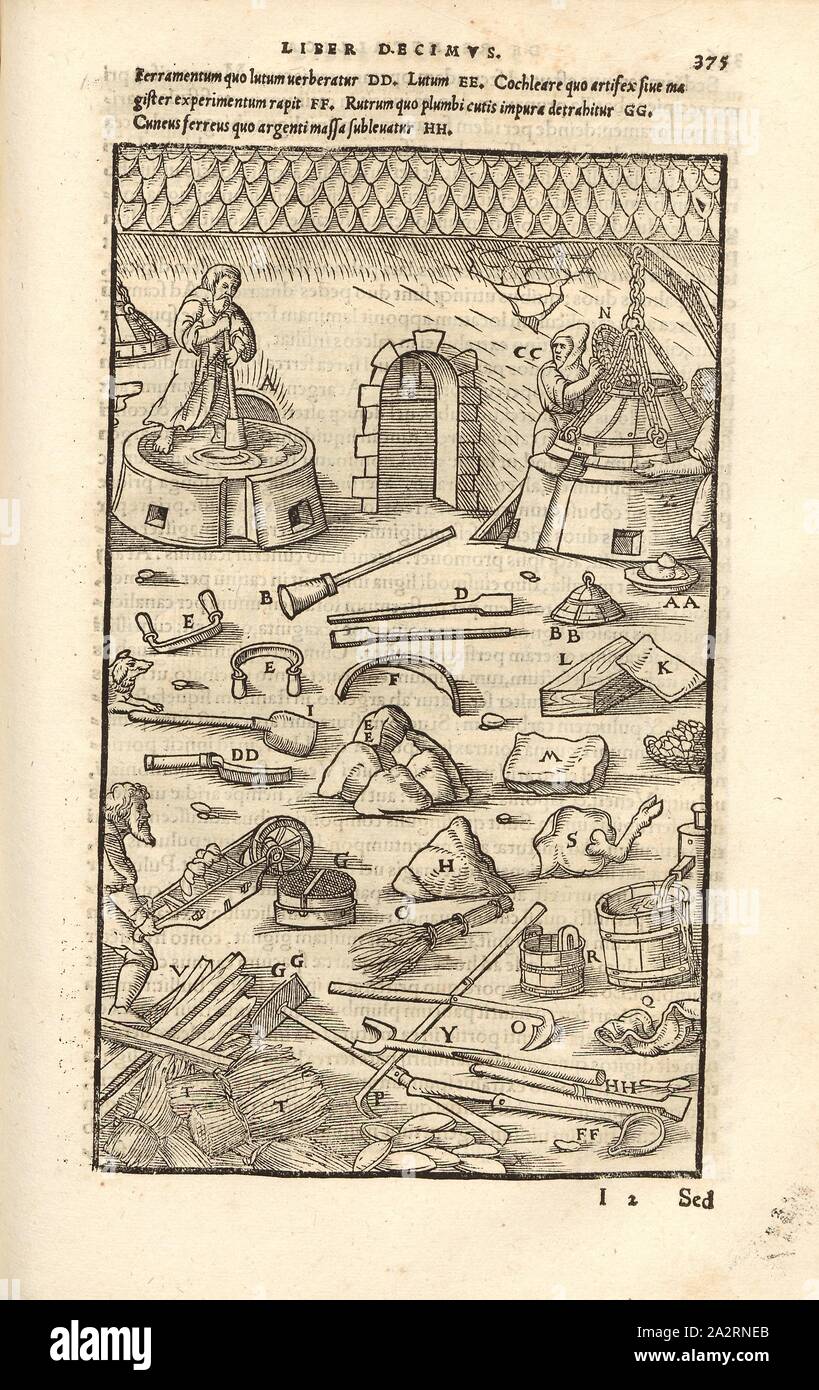 La separazione di piombo, oro e argento, strumenti e supporti per il lavoro con il riscaldatore, Xilografia, p. 375, (Liber decimus), Manuel, Hans Rudolf (graveur sur bois), 1556, Georgius Agricola: De re metallica libri XII: quibus officia, instrumenta, machinae, ac omnia denique ad metallicam spectantia, non modo luculentissime describuntur, sed & per le effigi (...). Basileae: [Froben], 1556 Foto Stock
