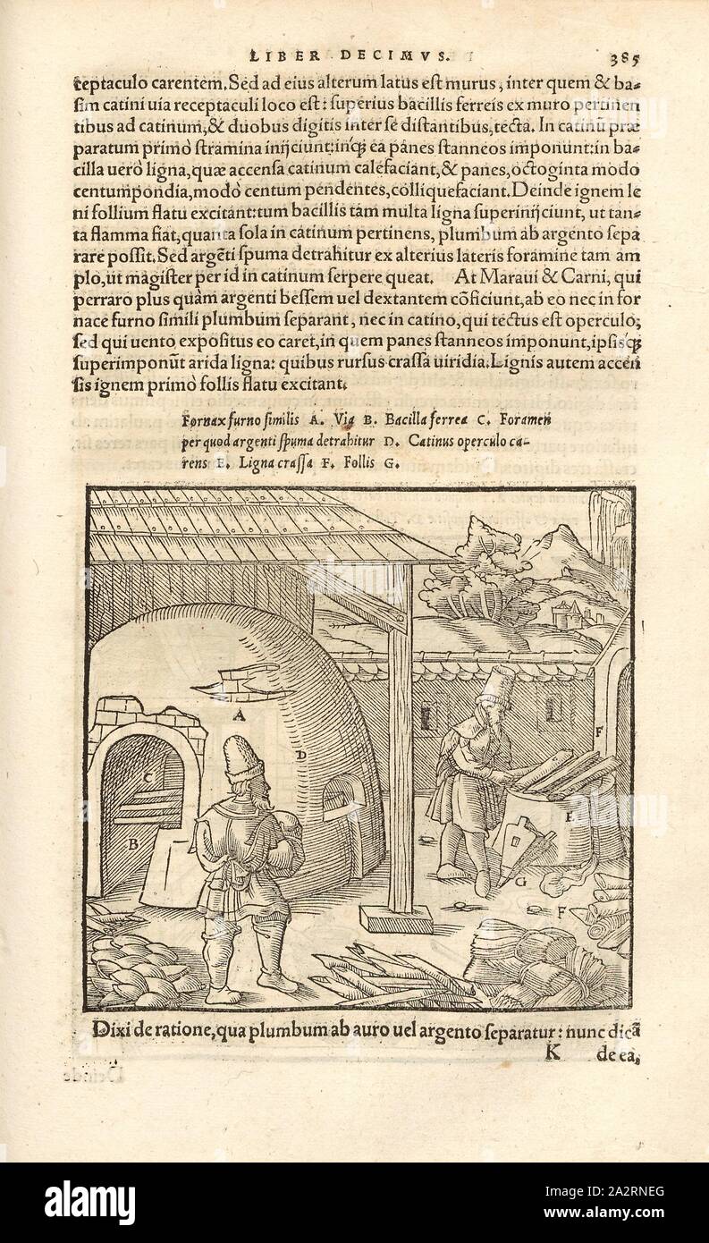Polacco e ungherese forno, forno polacco in cui piombo e argento sono split, xilografia, p. 385, (Liber decimus), Manuel, Hans Rudolf (graveur sur bois), 1556, Georgius Agricola: De re metallica libri XII: quibus officia, instrumenta, machinae, ac omnia denique ad metallicam spectantia, non modo luculentissime describuntur, sed & per le effigi (...). Basileae: [Froben], 1556 Foto Stock