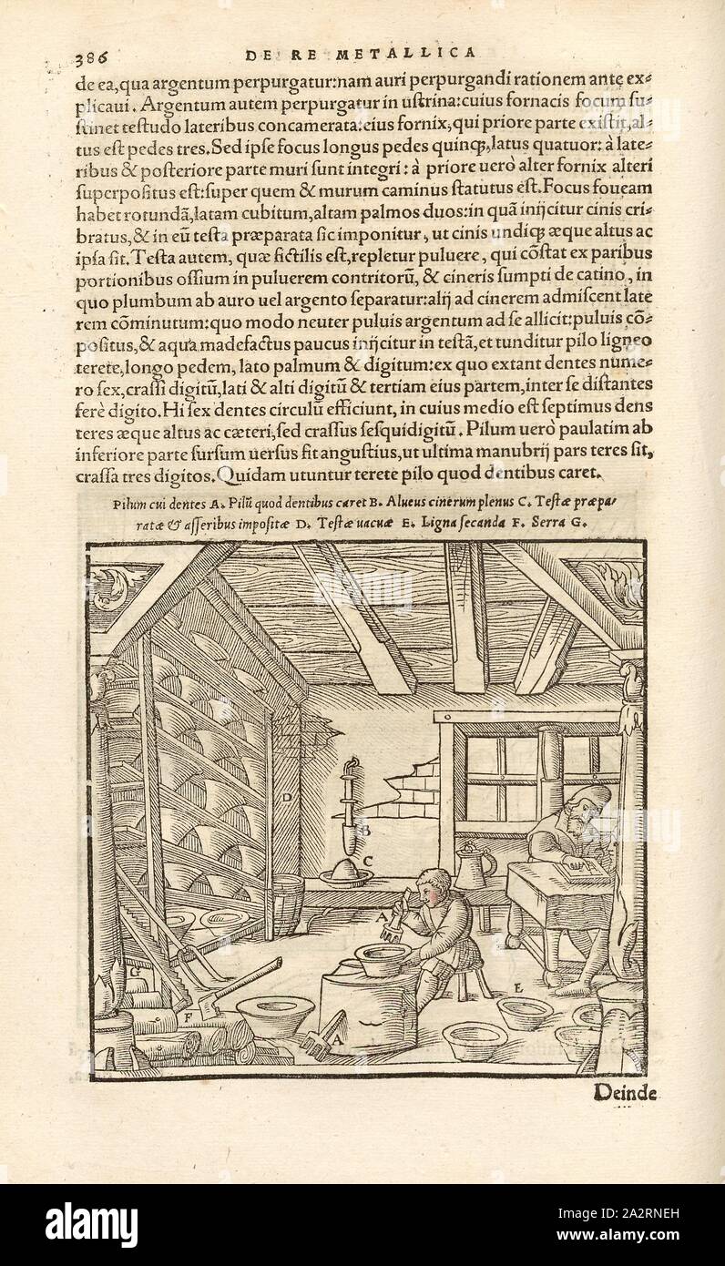 Produzione di argento fine 1, tagliata di ceneri bruciate pezzi d'argento sono miscelati in vasi di creta, cosiddetto cocci di prova, miscelato con un pestello, xilografia, p. 386, (Liber decimus), Manuel, Hans Rudolf (graveur sur bois), 1556, Georgius Agricola: De re metallica libri XII: quibus officia, instrumenta, machinae, ac omnia denique ad metallicam spectantia, non modo luculentissime describuntur, sed & per le effigi (...). Basileae: [Froben], 1556 Foto Stock
