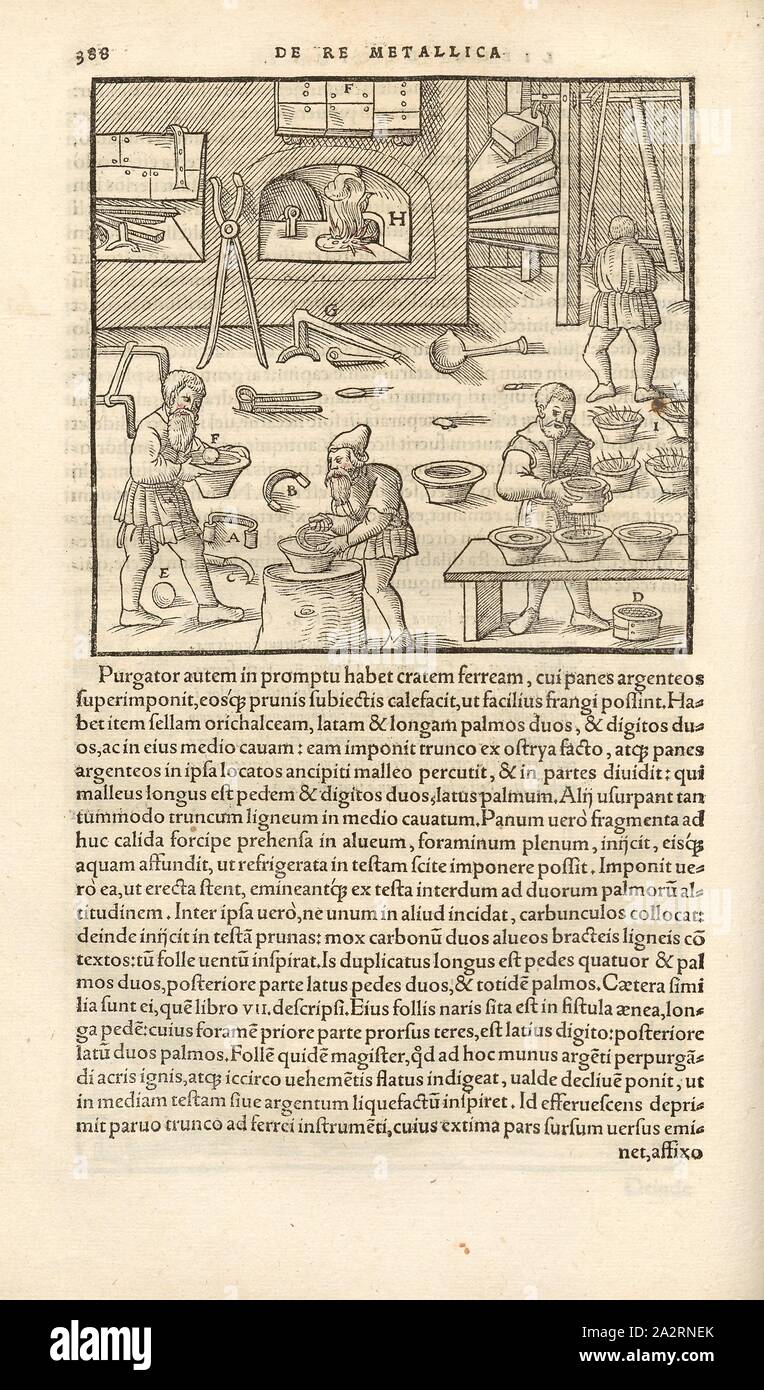 Produzione di argento fine 2, bruciando i pezzi di prova con la miscela di argento cenere e polvere di osso o di polvere di mattoni, xilografia, p. 388, (Liber decimus), Manuel, Hans Rudolf (graveur sur bois), 1556, Georgius Agricola: De re metallica libri XII: quibus officia, instrumenta, machinae, ac omnia denique ad metallicam spectantia, non modo luculentissime describuntur, sed & per le effigi (...). Basileae: [Froben], 1556 Foto Stock