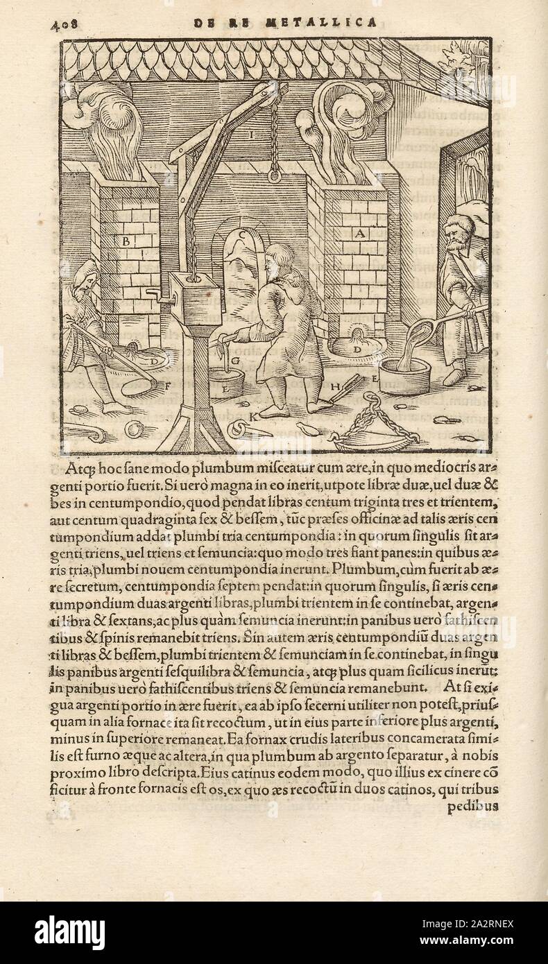 Lega di rame e piombo, la formazione di leghe di rame e piombo in forno di fusione, Xilografia, p. 408, (liber undecimus), Manuel, Hans Rudolf (graveur sur bois), 1556, Georgius Agricola: De re metallica libri XII: quibus officia, instrumenta, machinae, ac omnia denique ad metallicam spectantia, non modo luculentissime describuntur, sed & per le effigi (...). Basileae: [Froben], 1556 Foto Stock